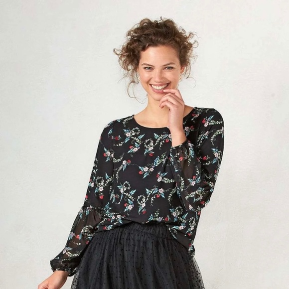 DISNEY' Snow White Collection by LC Lauren Conrad Top Peasant Floral Black XS M - Picture 4 of 10